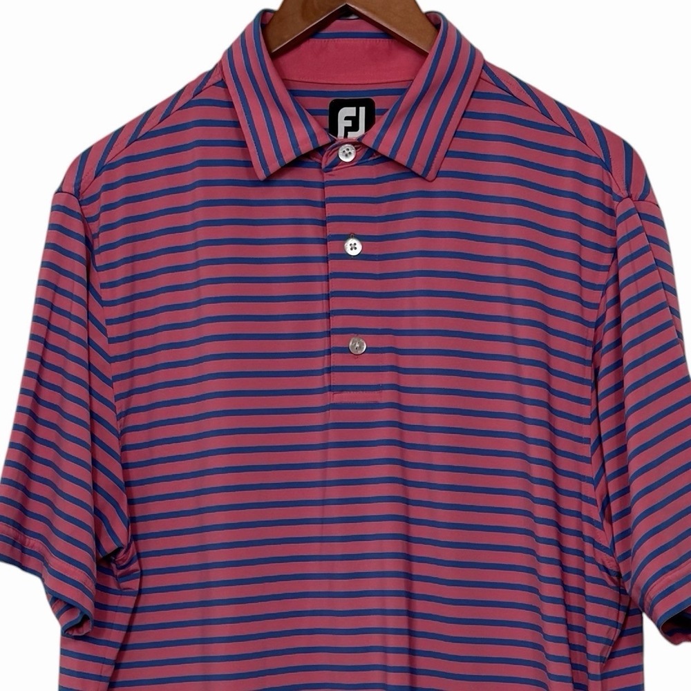 Footjoy Shirt Mens Medium Navy Blue Pink Striped Golf Polo Performance‎ Casual